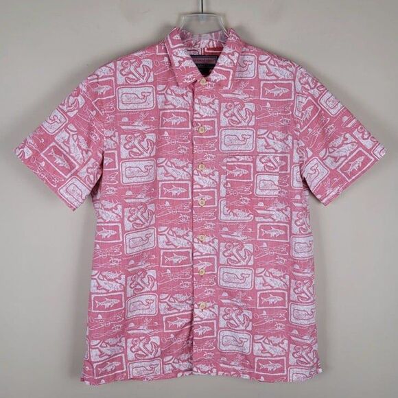 Vineyard Vines Size S Oversized Hawaiian Short Sleeve Button Up Shirt Red Pink - Picture 2 of 11